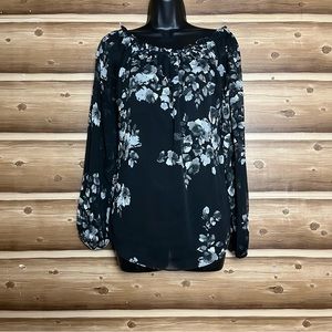 5/$25 SIONI women floral long sleeve black blouse size small‎